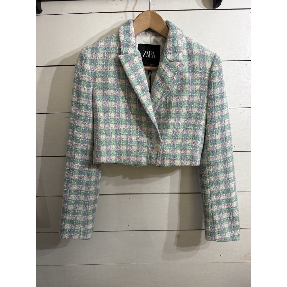 ZARA Womens Purple Green Tweed Cropped Blazer Jacket Size XS Old Money Classic